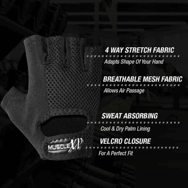 Musclexp Gear-Up Fitness Gym Gloves Heavy Duty Velcro Wrist Closure Non-Odor Material (Black)1 Pair