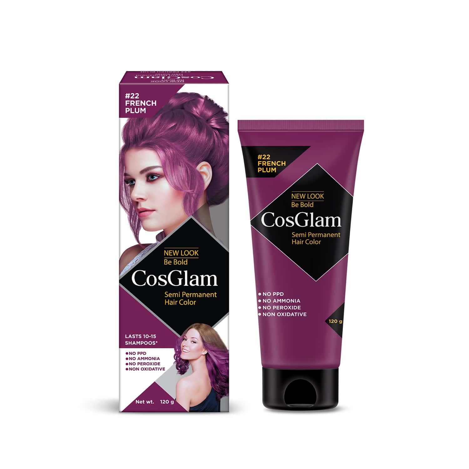 Cosglam Semi Permanent Hair Color | No Peroxide | Ammonia Free Hair Colour 22 French Plum - 120gm