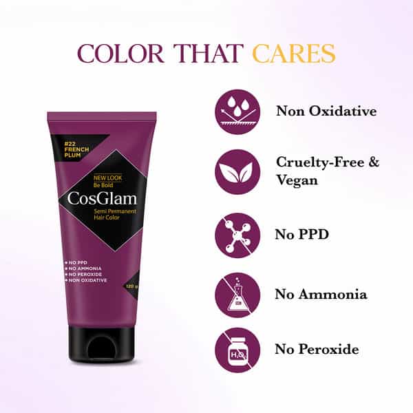 Cosglam Semi Permanent Hair Color | No Peroxide | Ammonia Free Hair Colour 22 French Plum - 120Gm