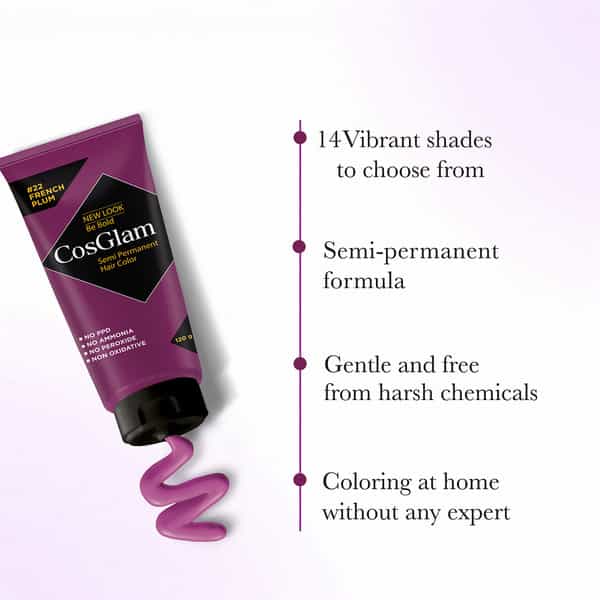 Cosglam Semi Permanent Hair Color | No Peroxide | Ammonia Free Hair Colour 22 French Plum - 120Gm