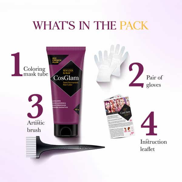 Cosglam Semi Permanent Hair Color | No Peroxide | Ammonia Free Hair Colour 22 French Plum - 120Gm