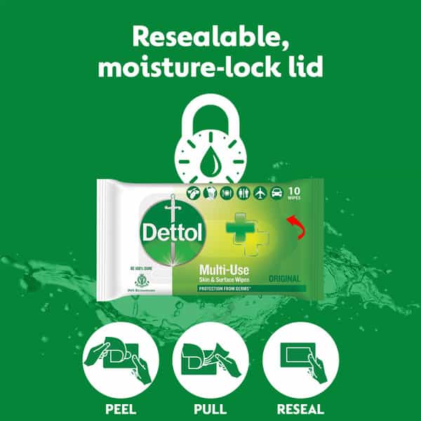 Dettol Disinfectant Sanitizer Wet Wipes For Skin & Surfaces Original - 80 Count