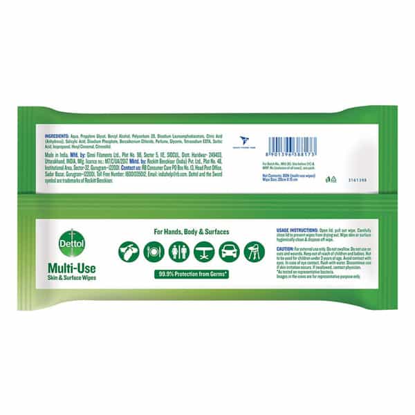 Dettol Disinfectant Sanitizer Wet Wipes For Skin & Surfaces Original - 80 Count