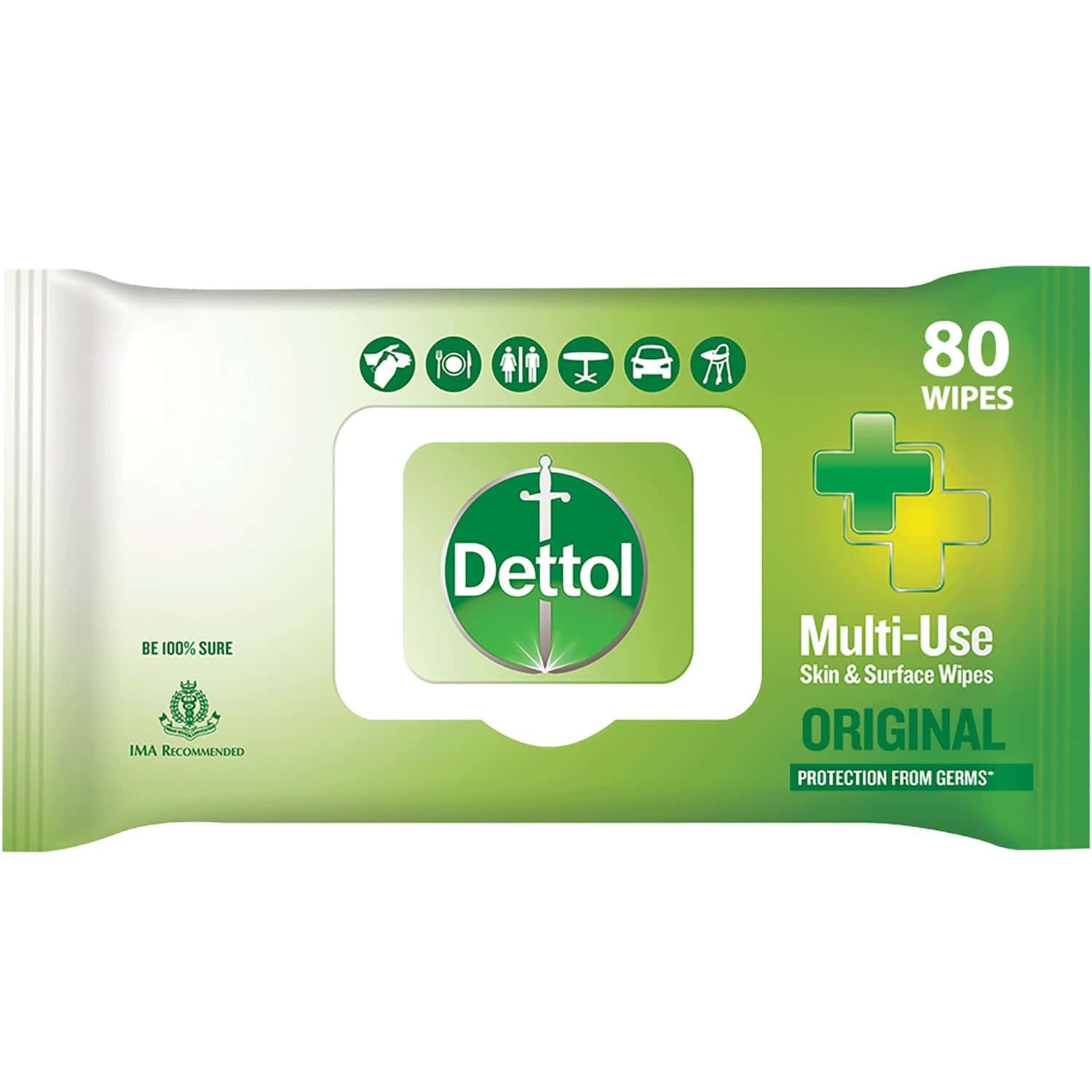 Dettol Disinfectant Skin & Surface Wipes, Original, Safe On Skin, Ideal To Clean Multiple Surfaces, Resealable Lock - Lid - 80 Count