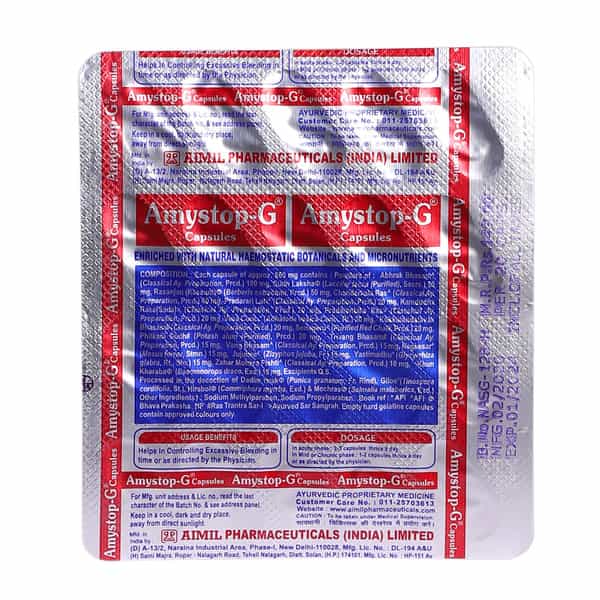 Aimil Amystop-G Capsule 20S | Natural Haemostatic | Strengthens Blood Vessels & Checks Excessive