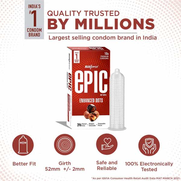 Manforce Epic Hot Dots Belgian Chocolate Flavour Premium Condoms Disposable Pouch 3'S