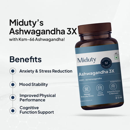 Miduty Ksm 66 Ashwagandha 3x - Stress Mood Stamina - Cortisol - Purely Potent - 60 Capsules