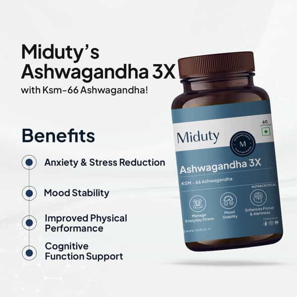 Miduty Ksm 66 Ashwagandha 3X - Stress Mood Stamina - Cortisol - Purely Potent - 60 Capsules