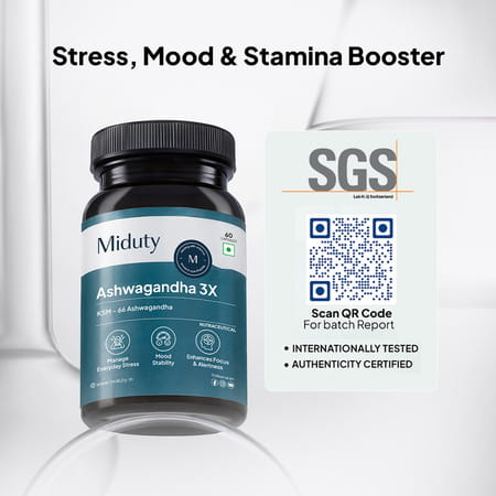 Miduty Ksm 66 Ashwagandha 3x - Stress Mood Stamina - Cortisol - Purely Potent - 60 Capsules
