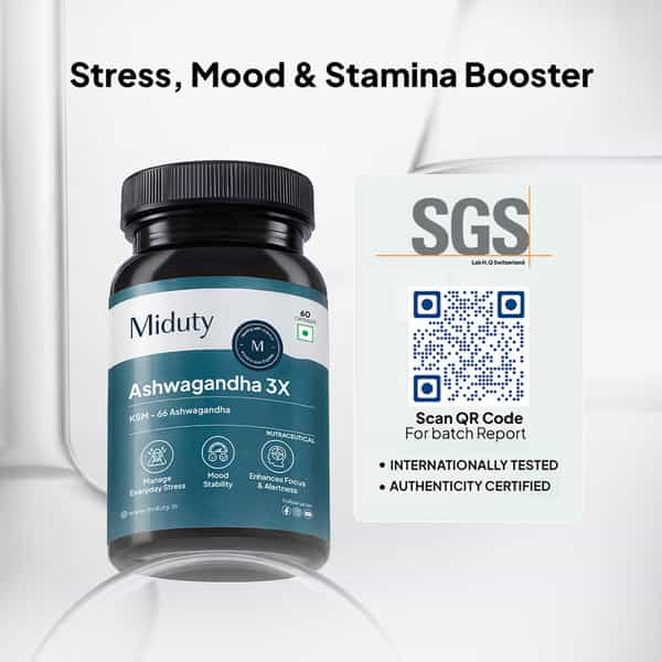 Miduty Ksm 66 Ashwagandha 3X - Stress Mood Stamina - Cortisol - Purely Potent - 60 Capsules