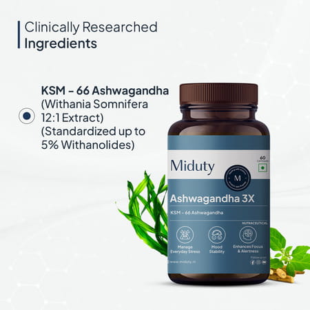 Miduty Ksm 66 Ashwagandha 3x - Stress Mood Stamina - Cortisol - Purely Potent - 60 Capsules