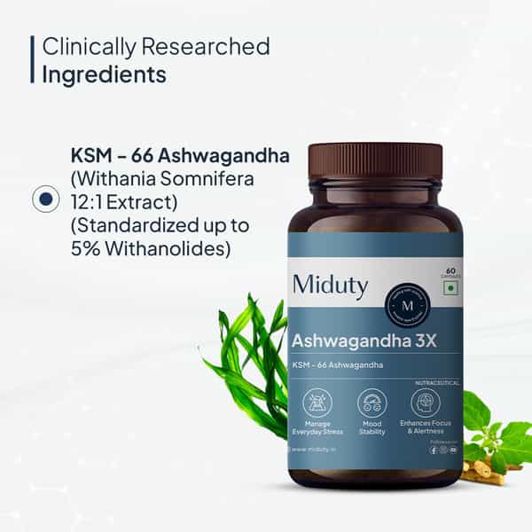 Miduty Ksm 66 Ashwagandha 3X - Stress Mood Stamina - Cortisol - Purely Potent - 60 Capsules
