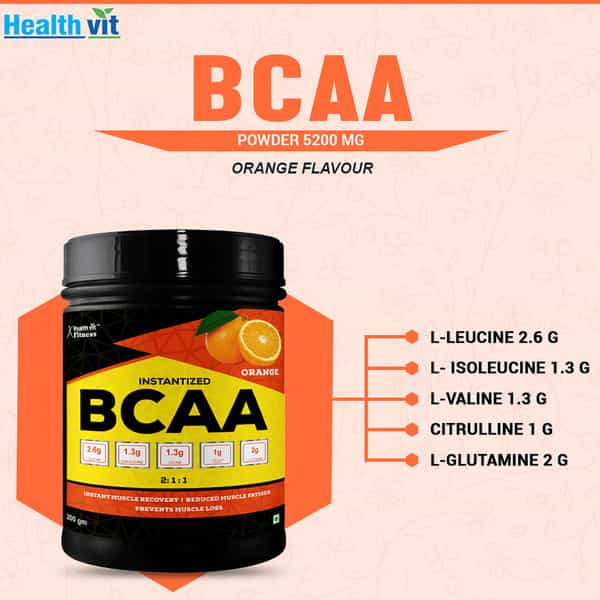 Healthvit Fitness Bcaa With L-Glutamine & L-Citrulline Malate | 200G (10 Servings) Orange Flavor
