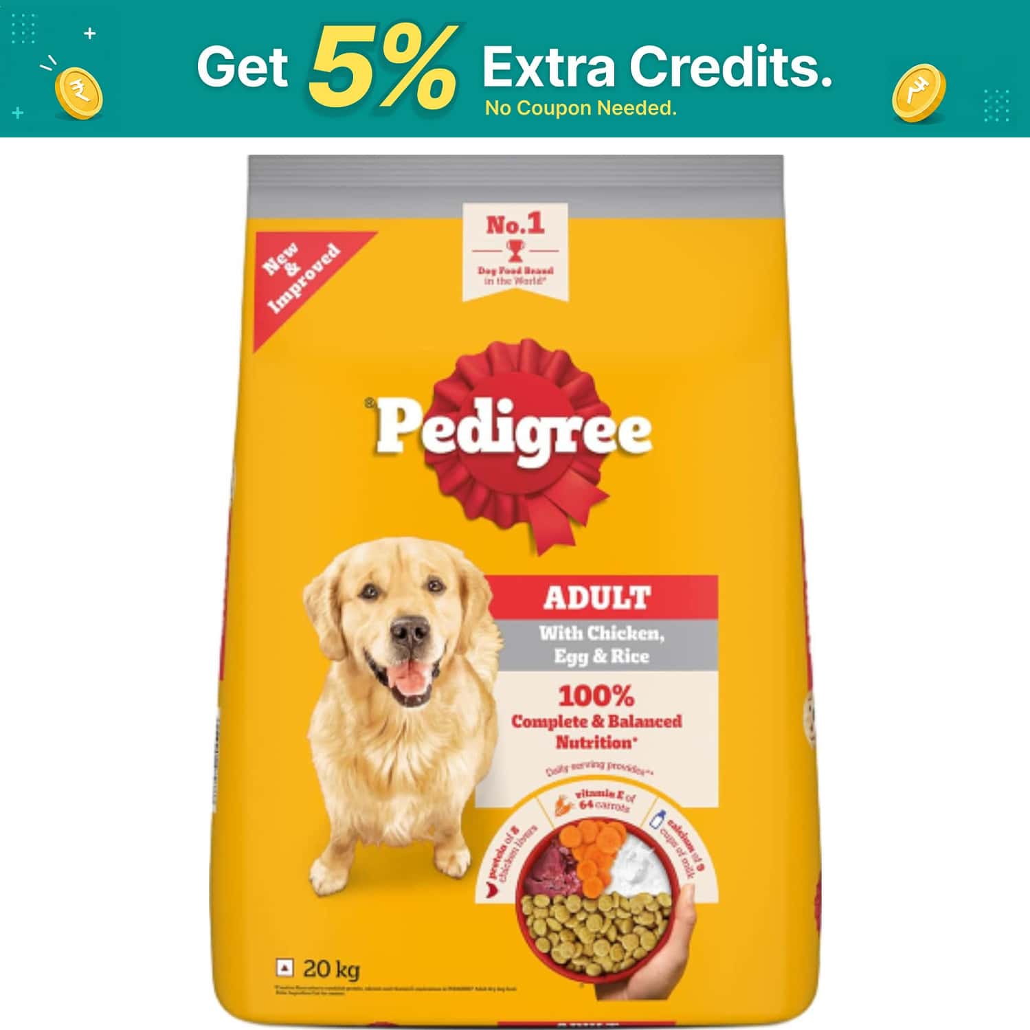 Pedigree Adult Dry Dog Food | Chicken | Egg & Rice | 20 Kg | Contains 37 Essential Nutrients