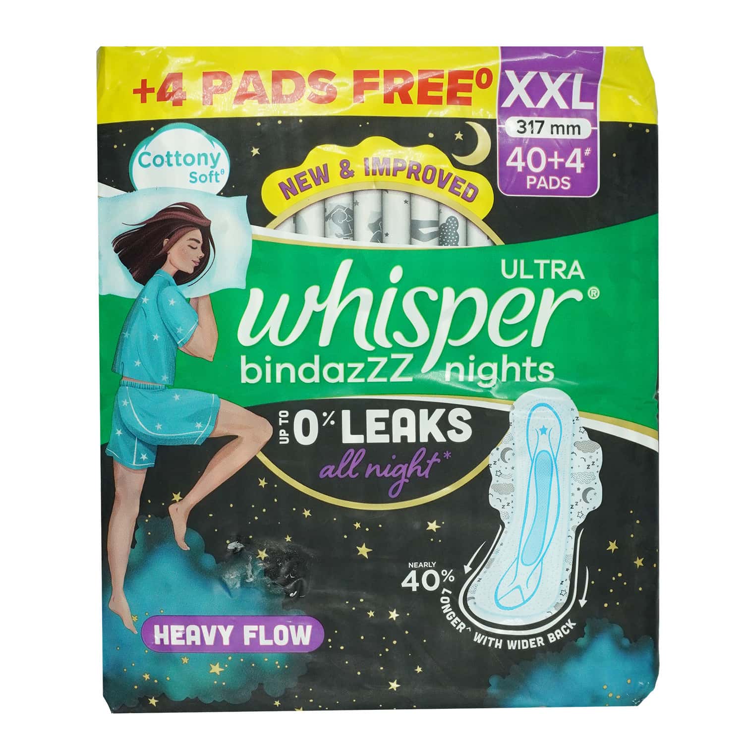 Whisper Ultra Bindazzz Nights Xxl 317mm For Heavy Flow Sanitary Pads (40+4 Free) 44 No'S