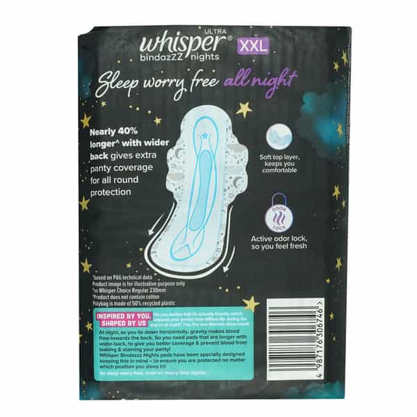 Whisper Ultra Bindazzz Nights Xxl 317Mm For Heavy Flow Sanitary Pads (40+4 Free) 44 No's