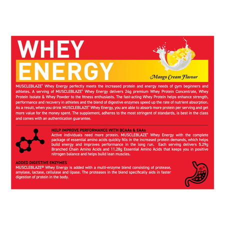 Muscleblaze Whey Energy (Mango Cream | 2kg / 4.4lbs) | 24g Protein | 100% Whey Protein Blend