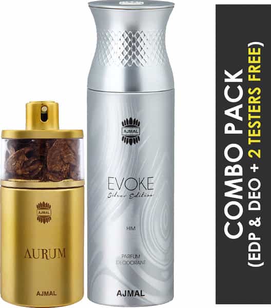 Ajmal Aurum Edp 75Ml Perfume For Women And Evoke Silver Edition Him Deodorant 200Ml For Men