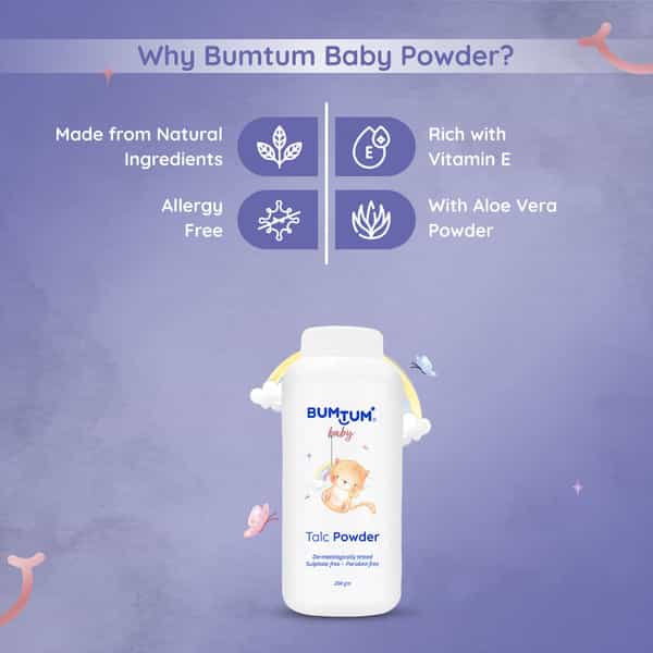 Bumtum Baby Talcum Powder With Aloe Vera | Paraben & Sulfate Free | Derma Tested 200 Gram