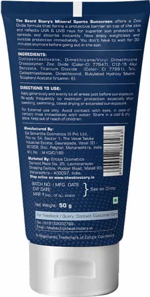 The Beard Story Mineral Sports Sunscreen Broad Spectrum Protection From Uva & Uvb Rays 50 G