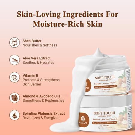 Alglaze Soft Touch Moisturizing Cream | Deep Nourishment | Shea Butter Aloe Vera & Vitamin E | 50G