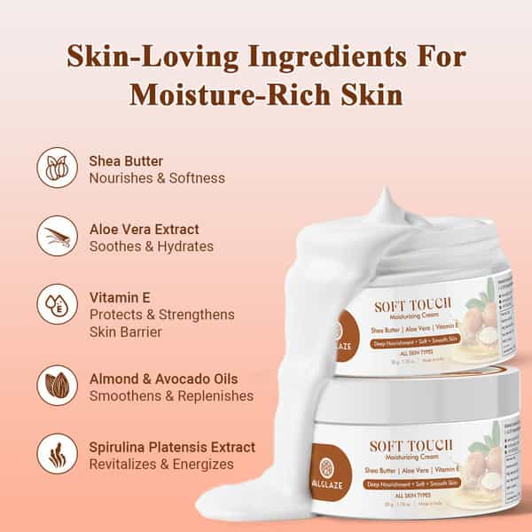 Alglaze Soft Touch Moisturizing Cream | Deep Nourishment | Shea Butter Aloe Vera & Vitamin E | 50G