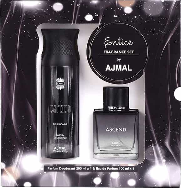 Ajmal Gift Set Of Ascend Edp 100Ml & Carbon Deodrants 200 Ml For Men & Women + 2 Parfum Testers