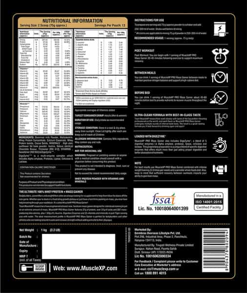 Musclexp Pro Mass Gainer Belgium Chocolate 1Kg Pouch (2.2 Lb)
