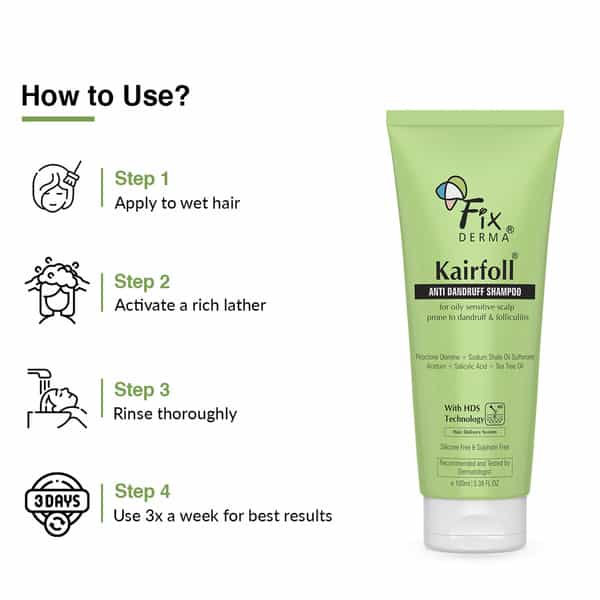 Fixderma Kairfoll Anti Dandruff Shampoo For Oily Sensitive Scalp | Sulphate Free Shampoo - 100 Ml