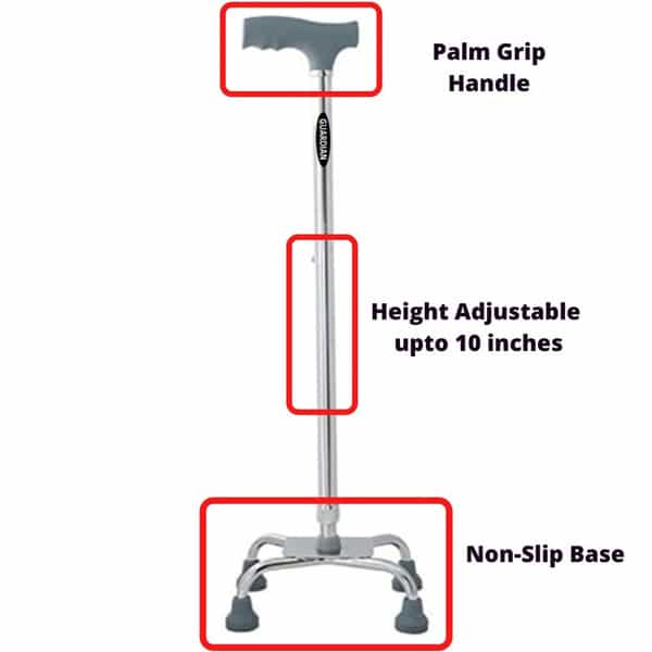 Guardian Walking Stick 4 Leg For Patients | Adjustable | Aluminum | Grey