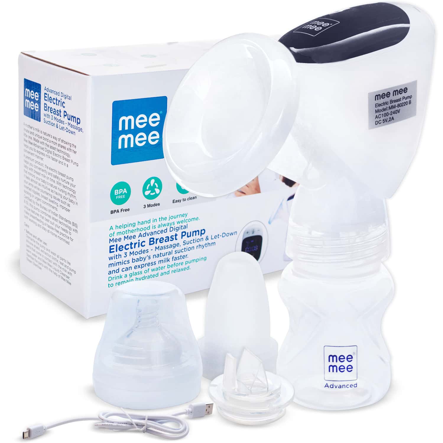 Meemee Advanced Digital Electric Breast Pump With 3 Modes - Massage | Suction & Let-Down(White)