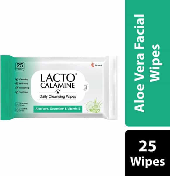 Lacto Calamine Daily Cleansing Face Wipes With Aloe Vera Cucumber And Vitamin E - 25 Wipes