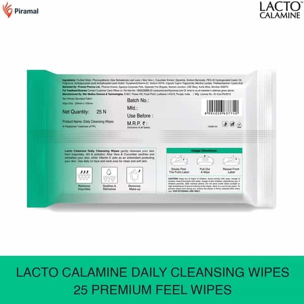 Lacto Calamine Daily Cleansing Face Wipes With Aloe Vera Cucumber And Vitamin E - 25 Wipes