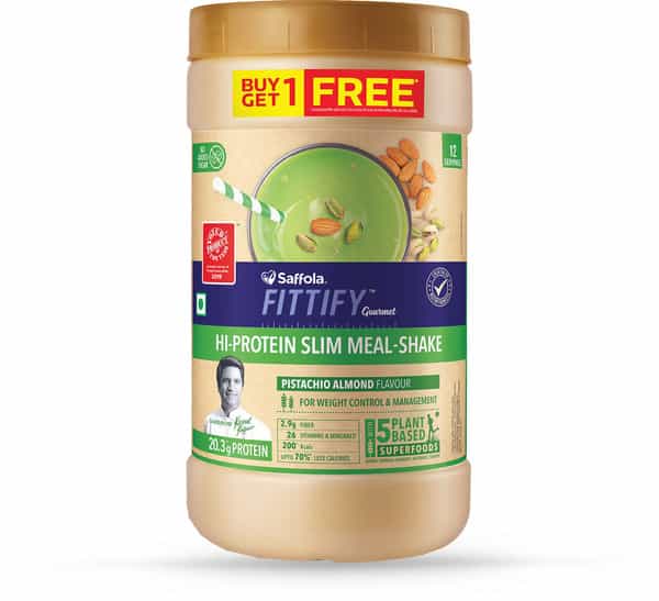 Saffola Fittify Hi-Protein Slim Meal Shake Pistachio Almond Buy 1 Get 1 Each Pack 420 Gm