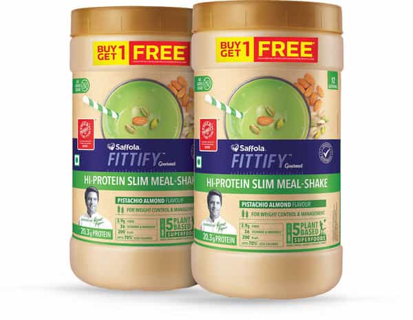 Saffola Fittify Hi-Protein Slim Meal Shake Pistachio Almond Buy 1 Get 1 Each Pack 420 Gm