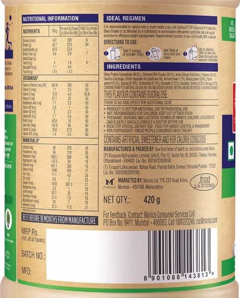 Saffola Fittify Hi-Protein Slim Meal Shake Pistachio Almond Buy 1 Get 1 Each Pack 420 Gm