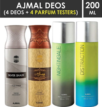 Ajmal 1 Silver Shade For Men 1 Wisal Dhahab For Men 1 Nightingale 1 Distraction Unisex Pack 4 Deos