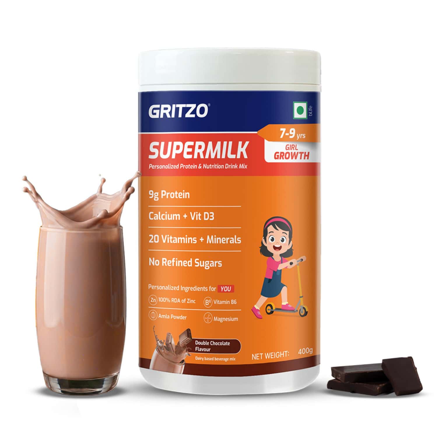 Gritzo Supermilk Growth (7-9y Girls) | 9g Protein Powder (double Chocolate | 400g)