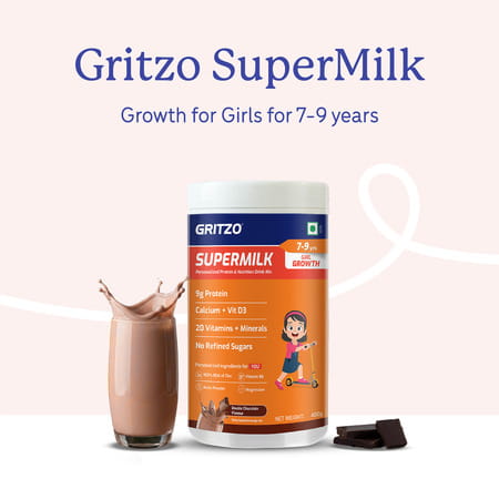 Gritzo Supermilk Growth (7-9Y Girls) | 9G Protein Powder (Double Chocolate | 400G)