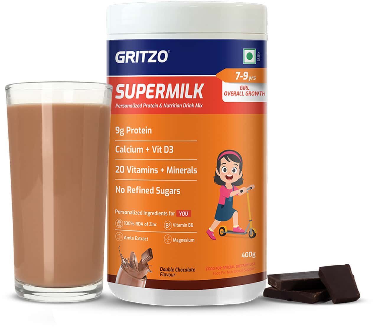 Gritzo Supermilk Overall Growth (7-9y Girls) | 9g Protein Powder (double Chocolate | 400g)