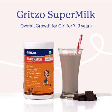 Gritzo Supermilk Overall Growth (7-9y Girls) | 9g Protein Powder (Double Chocolate | 400g)