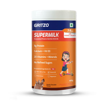 Gritzo Supermilk Overall Growth (7-9y Girls) | 9g Protein Powder (Double Chocolate | 400g)