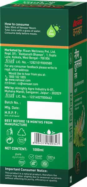 Vansaar Neem Tulsi Juice- 1L