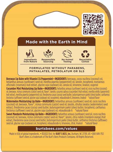 Burt's Bees Lip Balm | Beeswax | Cucumber Mint | Watermelon & Sweet Mandarin | 4.25G | Pack Of 4