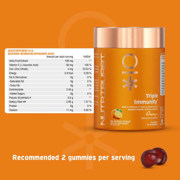 Nutriburst Triple Immunity Gummies With Vitamin C | Amla & Zinc (30 Gummies)(Orange Flavour)
