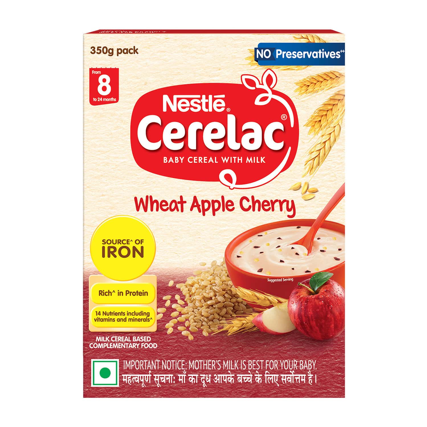 Nestle Cerelac Wheat Apple Cherry Baby Food Cereal| No Preservatives| 8 To 24 Months| 350 Gm
