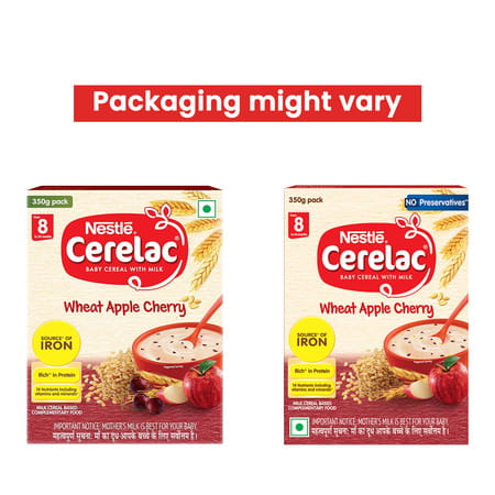 Nestle Cerelac Wheat Apple Cherry Baby Food Cereal| No Preservatives| 8 To 24 Months| 350 Gm