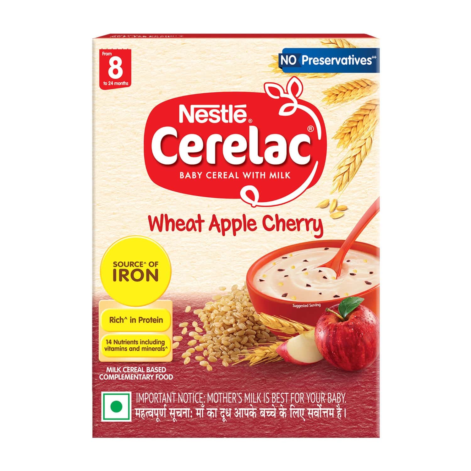 Nestle Cerelac Wheat Apple Cherry Baby Food Cereal| No Preservatives| 8 To 24 Months| 350 Gm