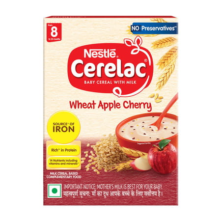 Nestle Cerelac Wheat Apple Cherry Baby Food Cereal| No Preservatives| 8 To 24 Months| 350 Gm