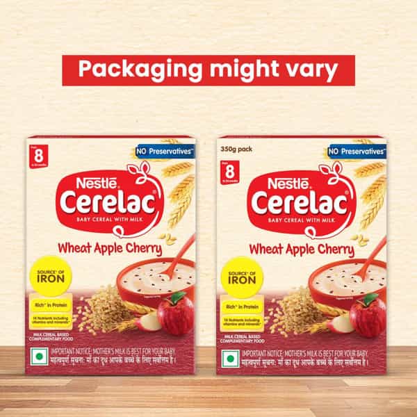 Nestle Cerelac Wheat Apple Cherry Baby Food Cereal| No Preservatives| 8 To 24 Months| 350 Gm